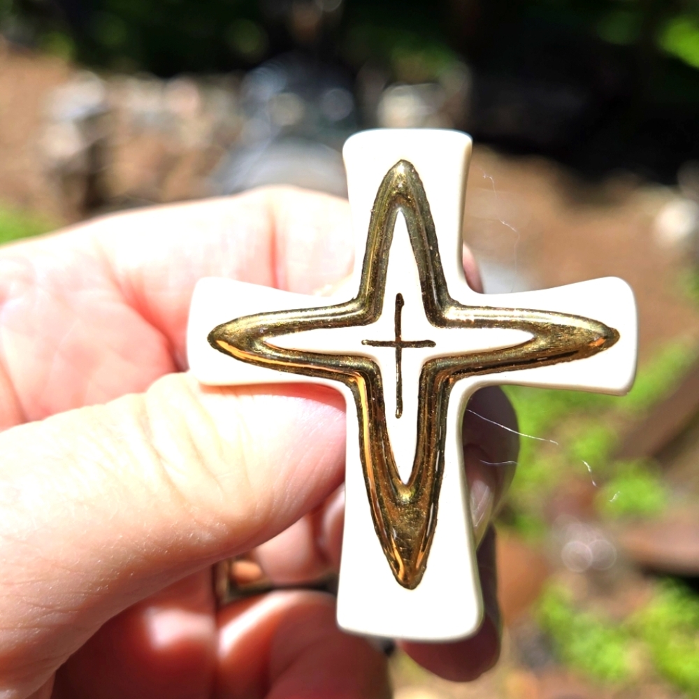 Porcelain & Gold Artisan Cross Brooch 2" By Yok